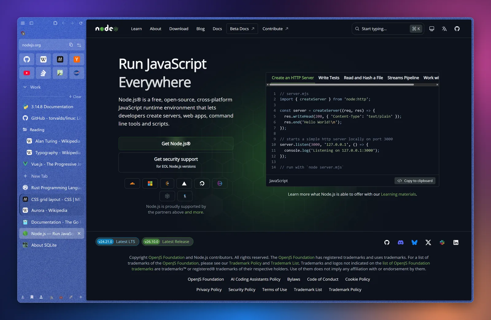 Nez with its sidebar of Essentials, Spaces and tabs next to a web page