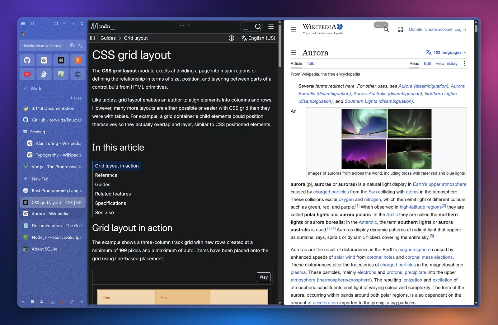 Two web pages side by side in split view